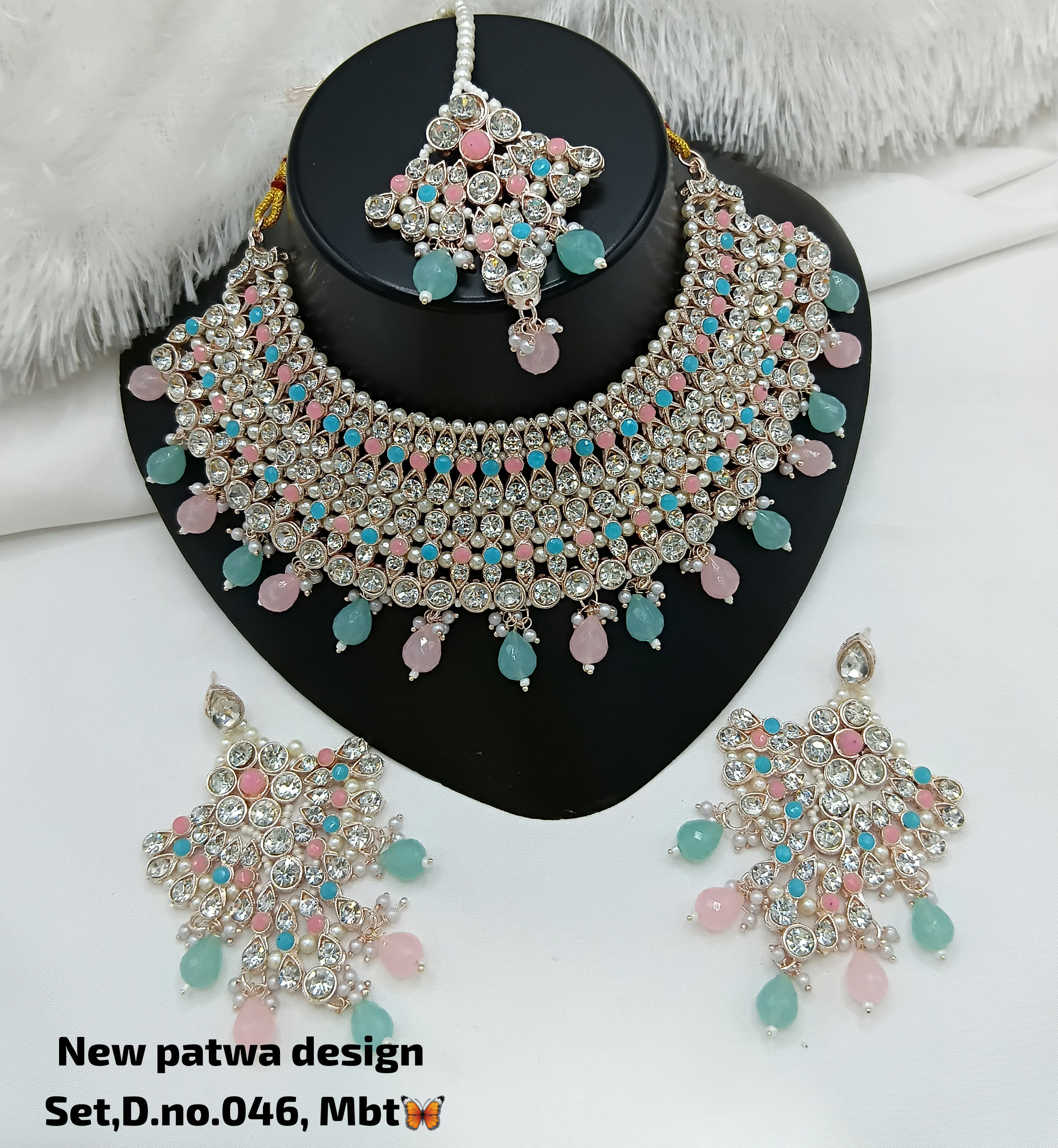 Mint Blue & Peach Pink Patwa Choker Jewellery Set